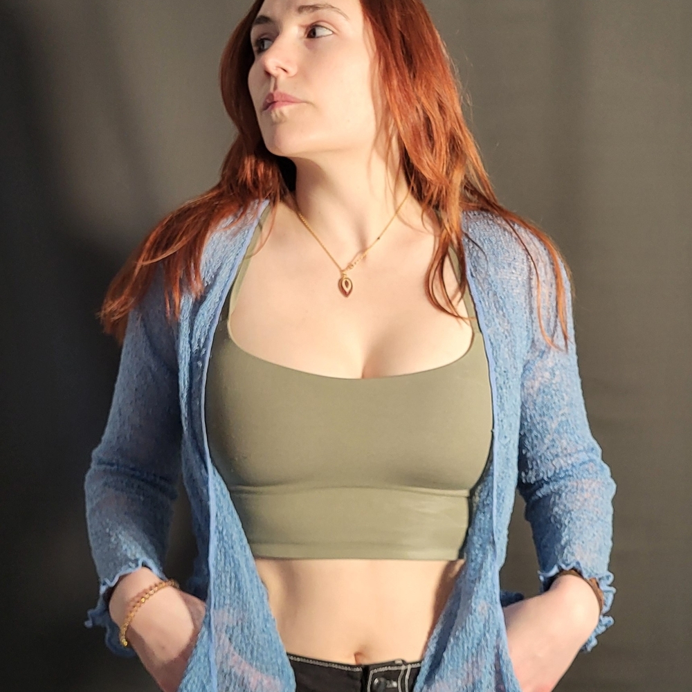 Blue Sheer Cardigan with Olive Green Crop Top